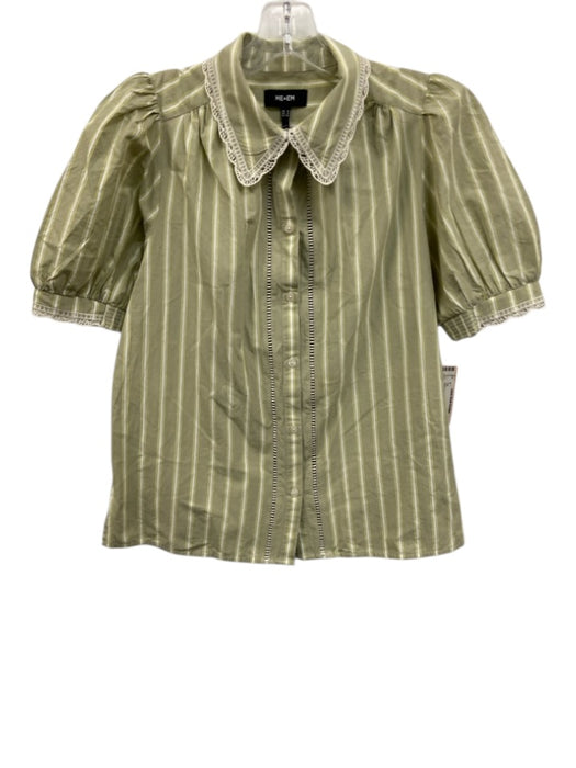 ME+EM Size 4 Green & White Cotton Short Puff Sleeve Striped Ladder Lace Top Green & White / 4