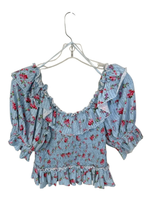 Free People Size M Blue & Red Cotton Short Balloon Sleeve Flowers Cropped Top Blue & Red / M