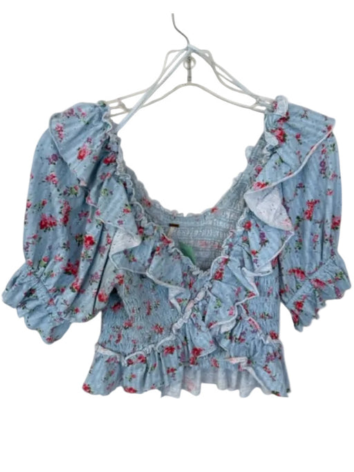 Free People Size M Blue & Red Cotton Short Balloon Sleeve Flowers Cropped Top Blue & Red / M