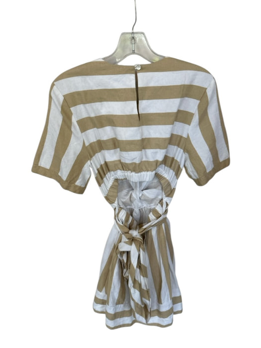 Staud Size M Tan & White Cotton Short Sleeve Striped Open Back Dress Tan & White / M