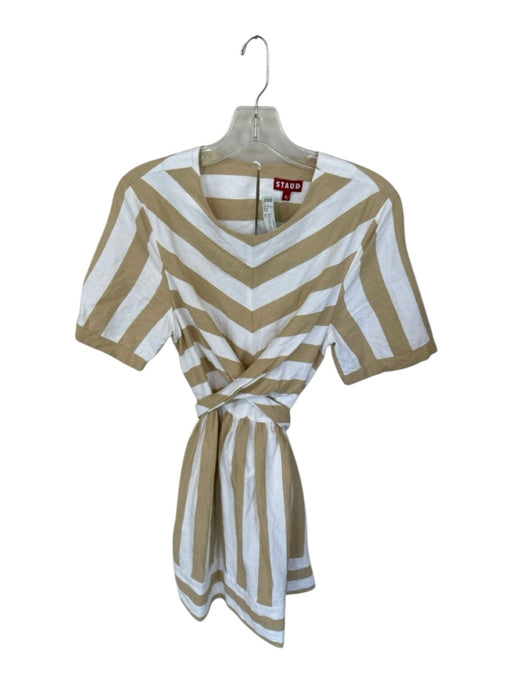 Staud Size M Tan & White Cotton Short Sleeve Striped Open Back Dress Tan & White / M