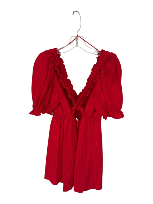 Free The Roses Size M Red Cotton Short Balloon Sleeve Ruffles V Neck Dress Red / M