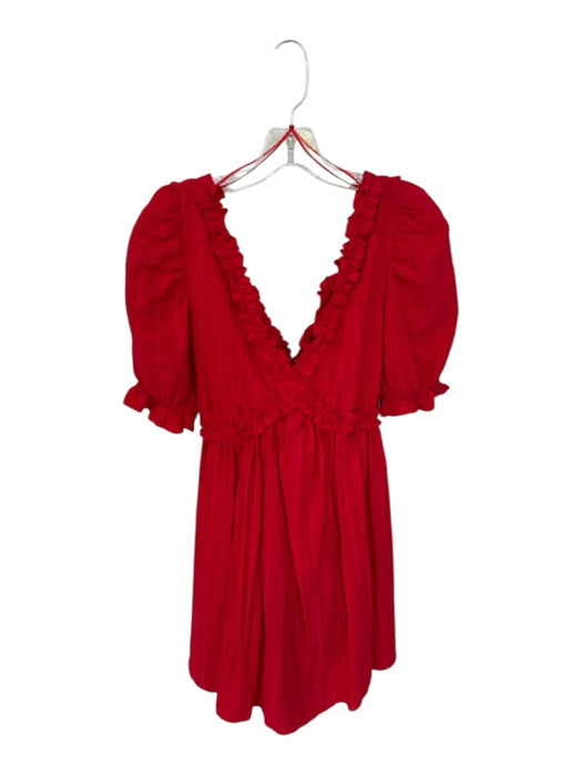 Free The Roses Size M Red Cotton Short Balloon Sleeve Ruffles V Neck Dress Red / M