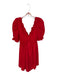 Free The Roses Size M Red Cotton Short Balloon Sleeve Ruffles V Neck Dress Red / M