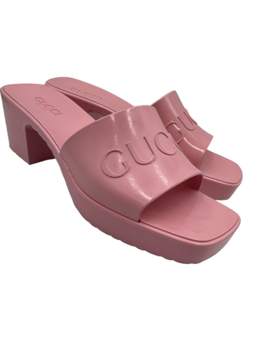 Gucci Shoe Size 40 Baby Pink Rubber Square Toe Logo Platform Block heel Sandals Baby Pink / 40