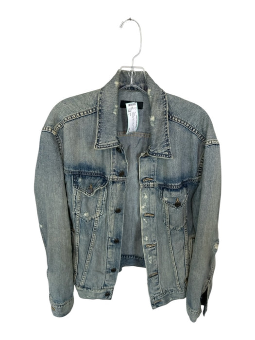 ABLE Size L Med Light Wash Cotton Long Sleeve Distressed Denim Jacket Med Light Wash / L