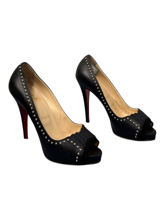 Louboutin Shoe Size 38.5 Black Leather Peep Toe Stiletto Nail heads Shoes Black / 38.5