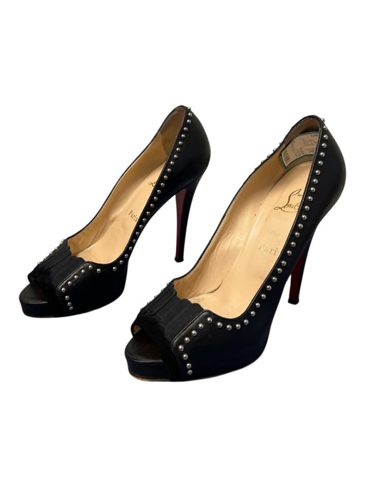 Louboutin Shoe Size 38.5 Black Leather Peep Toe Stiletto Nail heads Shoes Black / 38.5