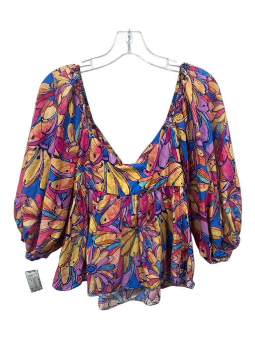 Farm Rio Size S Orange, Blue, Multi Cotton floral print Long Balloon Sleeve Top Orange, Blue, Multi / S