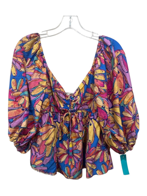 Farm Rio Size S Orange, Blue, Multi Cotton floral print Long Balloon Sleeve Top Orange, Blue, Multi / S
