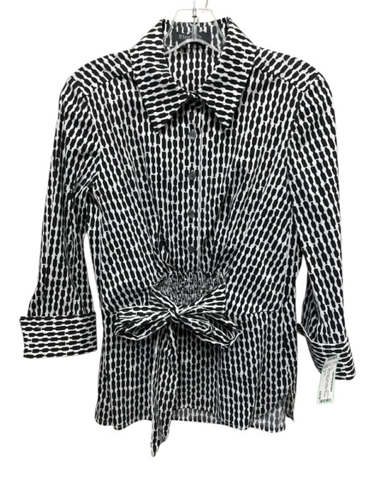 Et Cetera Size 4 White & Black Cotton Blend Long Sleeve Geometric 1/2 Button Top White & Black / 4