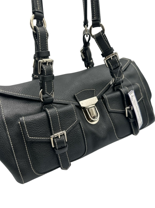Giudit Black Leather Buckle Detail Silver Tone Hardware Flap Top Shoulder Bag Black