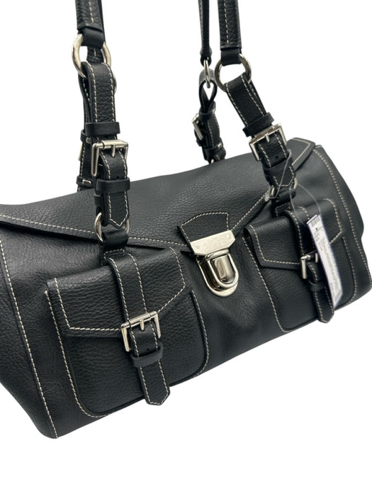 Giudit Black Leather Buckle Detail Silver Tone Hardware Flap Top Shoulder Bag Black
