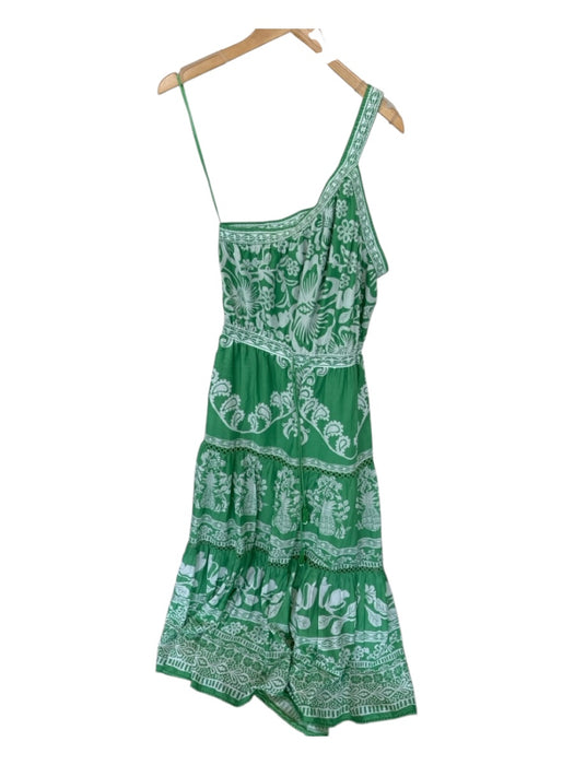 Farm Rio Size L Green & White Cotton One Shoulder Flowers Drawstring Waist Dress Green & White / L