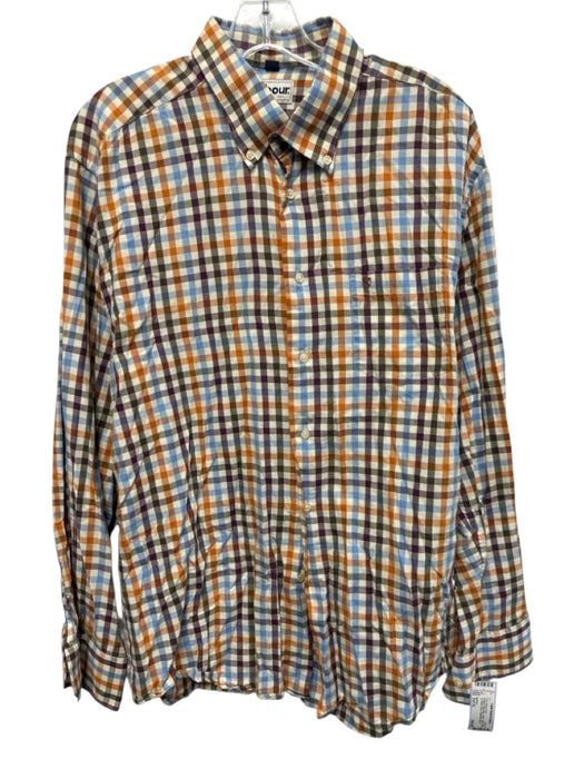 Barbour Size Est XL Orange & Baby Blue Cotton Plaid Button Up Long Sleeve Shirt Orange & Baby Blue / Est XL