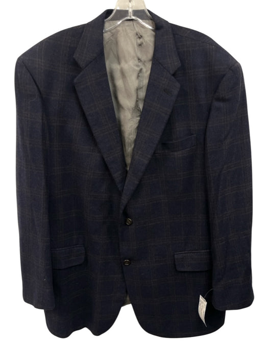 Hart Schaffner & Marx Navy & Brown Wool Blend Plaid 2 Button Men's Blazer Navy & Brown / 46R