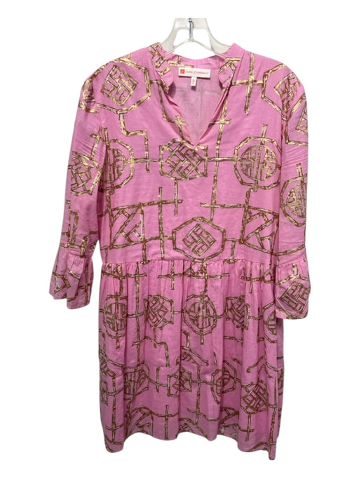 Jude Connally Size XS Pink & Gold Cotton V Neck Bamboo Abstract Print Dress Pink & Gold / XS