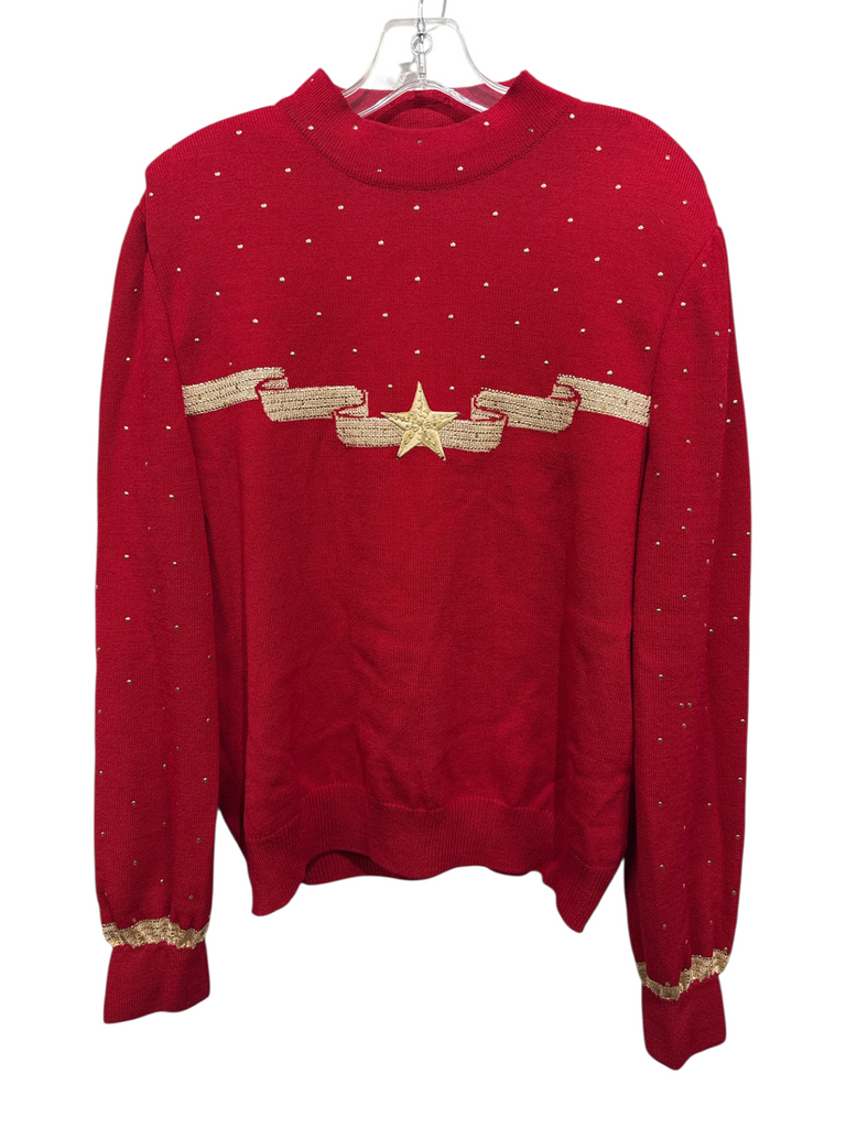 アイボリー 赤2点セントジョン St. John Evening Size M Red & Gold Wool & Rayon Mock Neck Star
