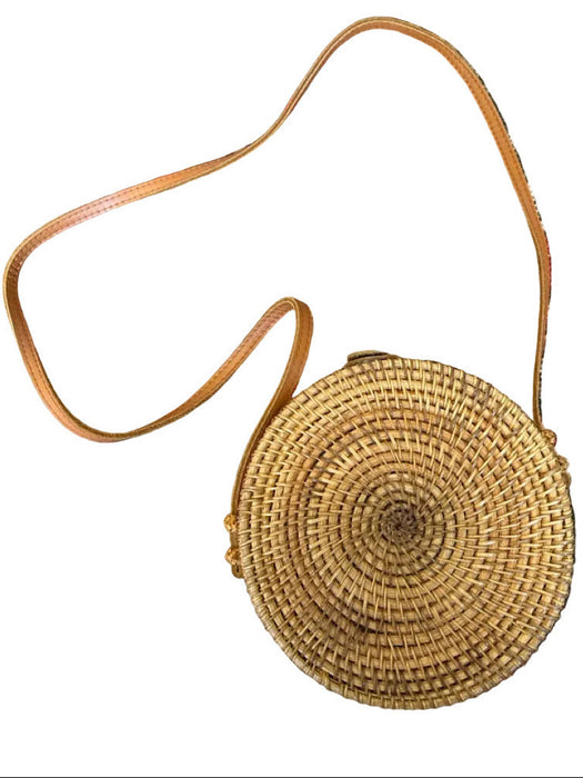 Tan & brown Wicker Leather Strap Crossbody Canteen Bag