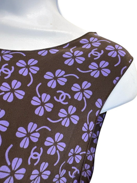 Chanel Size 44 Brown & Purple Silk Monogram Clovers Sleeveless Tank Top Brown & Purple / 44