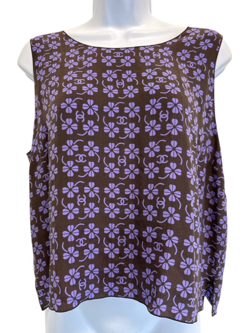 Chanel Size 44 Brown & Purple Silk Monogram Clovers Sleeveless Tank Top Brown & Purple / 44