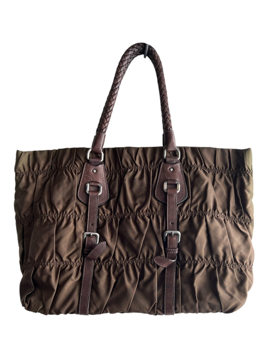 Prada Brown Nylon & leather trim Shoulder Bag Ruffle Detail Woven Handle Bag Brown / Medium