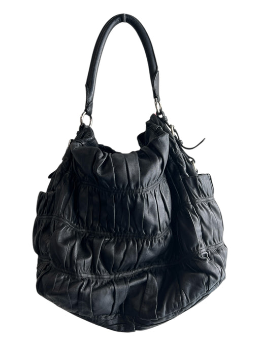 Prada Black Leather Shoulder Bag Ribbed Detail silver hardware Hobo tote Bag Black / S/M