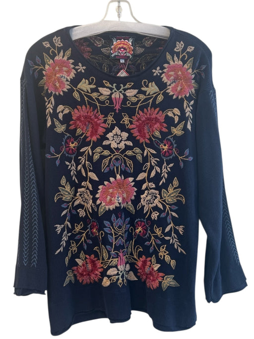 Johnny Was Size L Navy Cotton Knit Floral Embroidery Long Sleeve Sweater Navy / L