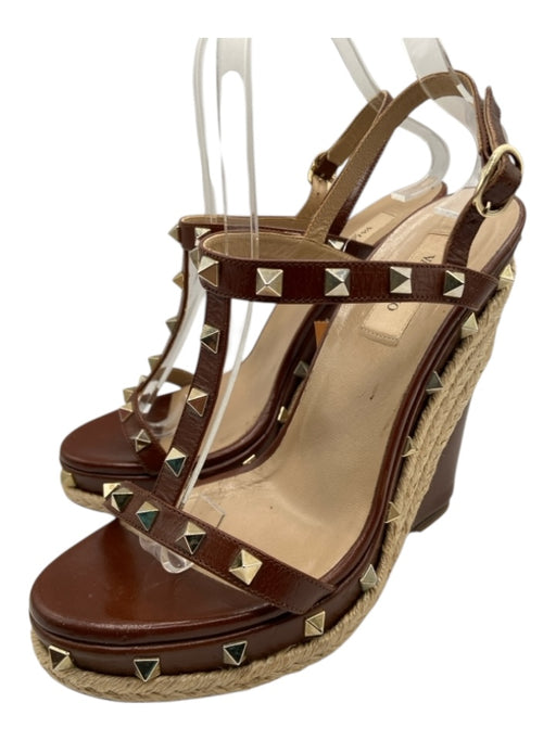 Valentino Shoe Size 39.5 Brown & Beige Leather Rockstud Espadrille Wedges Brown & Beige / 39.5