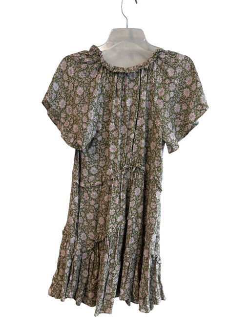 By Anthropologie Size XS Green & Tan Viscose floral print Round Split Neck Dress Green & Tan / XS