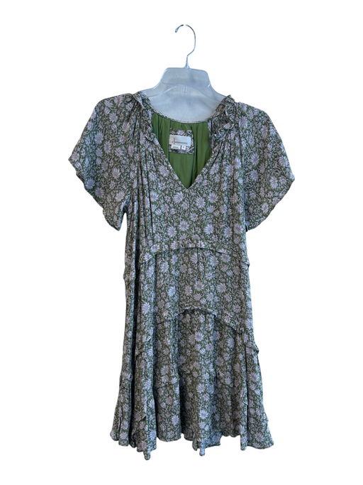 By Anthropologie Size XS Green & Tan Viscose floral print Round Split Neck Dress Green & Tan / XS