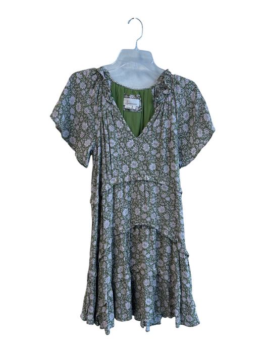 By Anthropologie Size XS Green & Tan Viscose floral print Round Split Neck Dress Green & Tan / XS