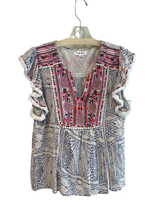 THML Size Sm & Med White, Blue & Pink Viscose Blend round split neck Top White, Blue & Pink / Sm & Med