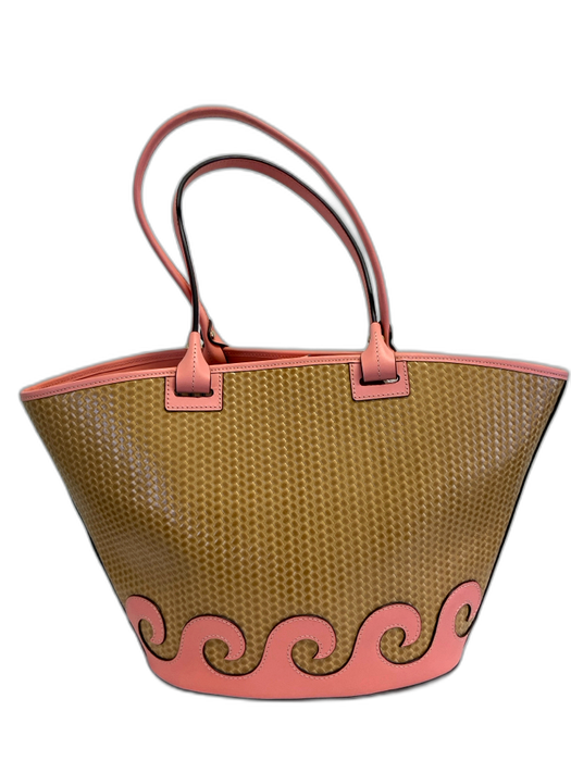 Dooney & Bourke Beige & Coral Pink Straw & Leather Woven Wave Magnetic Close Bag Beige & Coral Pink / L