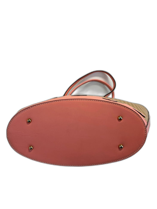 Dooney & Bourke Beige & Coral Pink Straw & Leather Woven Wave Magnetic Close Bag Beige & Coral Pink / L