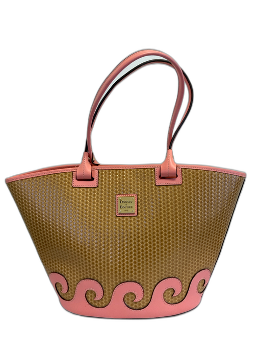 Dooney & Bourke Beige & Coral Pink Straw & Leather Woven Wave Magnetic Close Bag Beige & Coral Pink / L