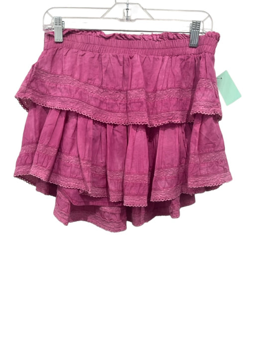 Love Shack Fancy Size S Pink Cotton Elastic Waist Crochet Lace Tiered Mini Skirt Pink / S