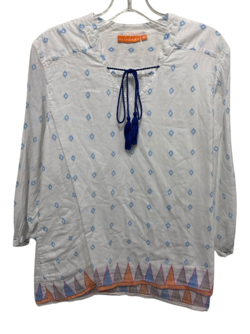 Oliphant Size XL White, Blue, Orange Cotton Long Sleeve Abstract Print Tunic Top White, Blue, Orange / XL