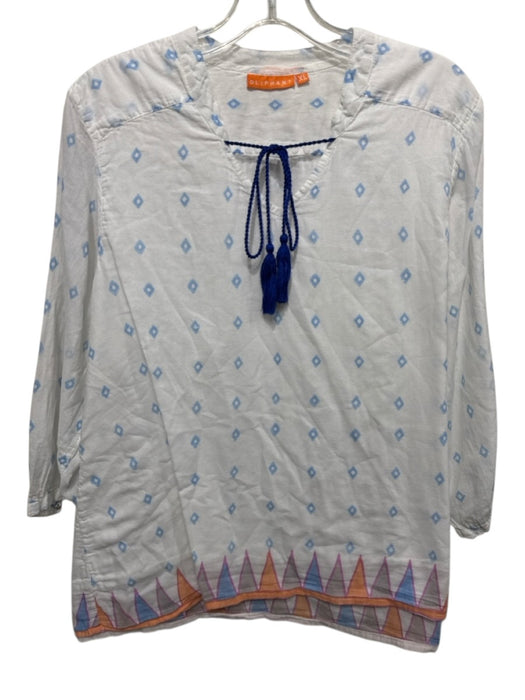 Oliphant Size XL White, Blue, Orange Cotton Long Sleeve Abstract Print Tunic Top White, Blue, Orange / XL