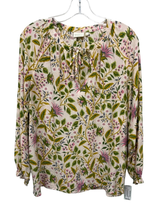 Spartina Size L Pink, Green, Yellow Silk Long puff sleeve Floral Print Tunic Top Pink, Green, Yellow / L