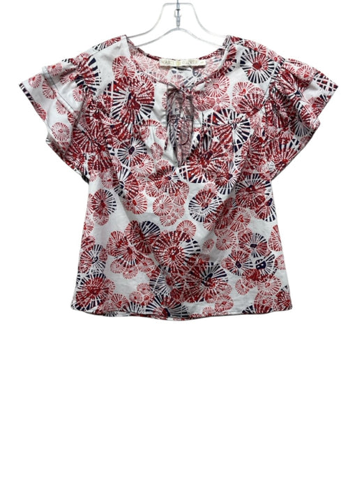 Marie Oliver Size XXS Red, Blue, White Cotton Ruffle Cap Sleeve Split V neck Top Red, Blue, White / XXS