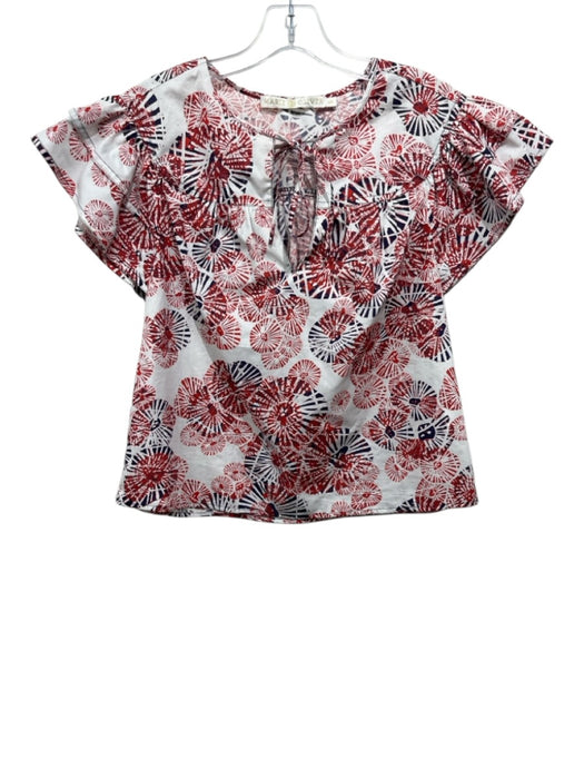 Marie Oliver Size XXS Red, Blue, White Cotton Ruffle Cap Sleeve Split V neck Top Red, Blue, White / XXS