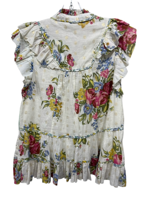 Love The Label Size XS Cream, Green, Pink Cotton Ruffle Cap Sleeve Buttons Top Cream, Green, Pink / XS