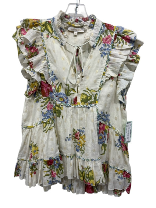 Love The Label Size XS Cream, Green, Pink Cotton Ruffle Cap Sleeve Buttons Top Cream, Green, Pink / XS