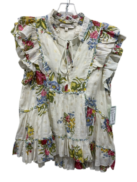 Love The Label Size XS Cream, Green, Pink Cotton Ruffle Cap Sleeve Buttons Top Cream, Green, Pink / XS