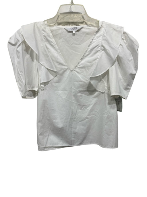 Crosby Size S White Cotton Short Puff Sleeve Ruffle V Neck Top White / S