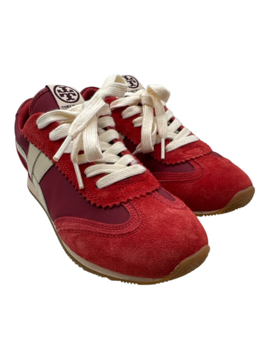 Tory Burch Shoe Size 7 Red, Purple, Beige Suede Lace Up Color Block Sneakers Red, Purple, Beige / 7