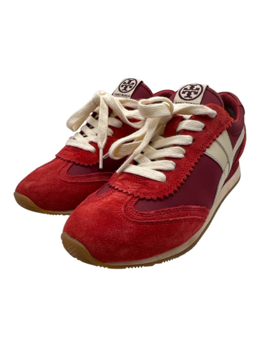Tory Burch Shoe Size 7 Red, Purple, Beige Suede Lace Up Color Block Sneakers Red, Purple, Beige / 7