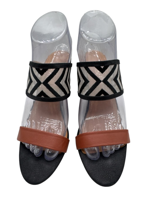 L'agence Shoe Size 8 Brown & Black Leather Embroidered Geometric 2 Strap Wedges Brown & Black / 8