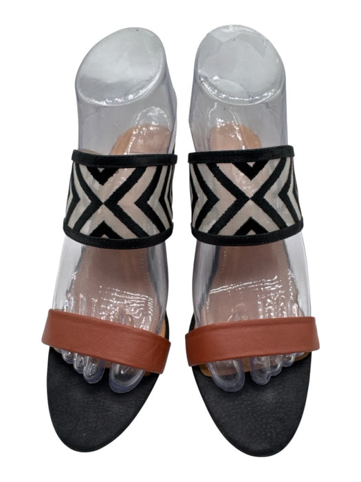 L'agence Shoe Size 8 Brown & Black Leather Embroidered Geometric 2 Strap Wedges Brown & Black / 8